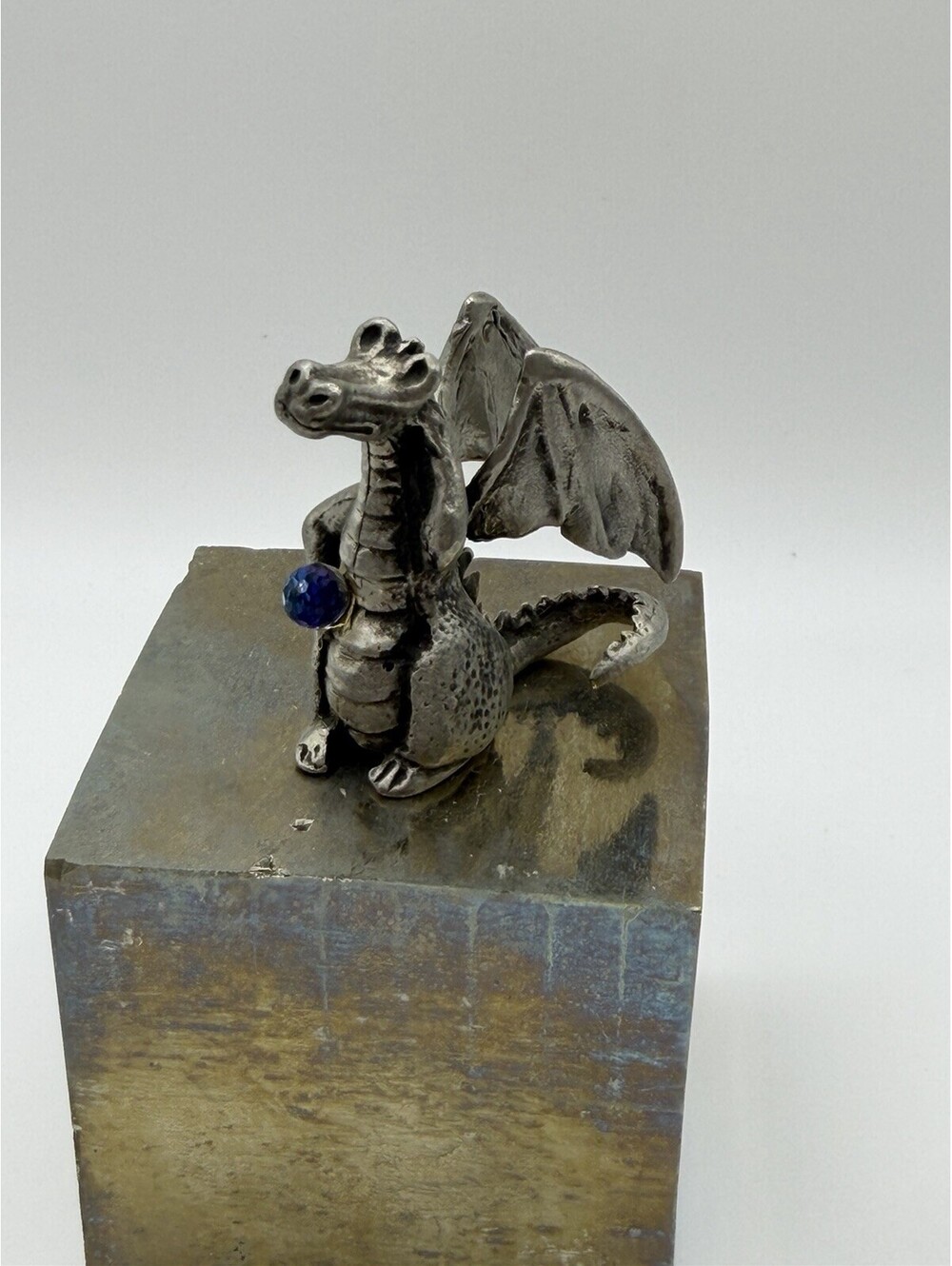 Vintage Pewter Dragon With Crystal Ball 1.5”